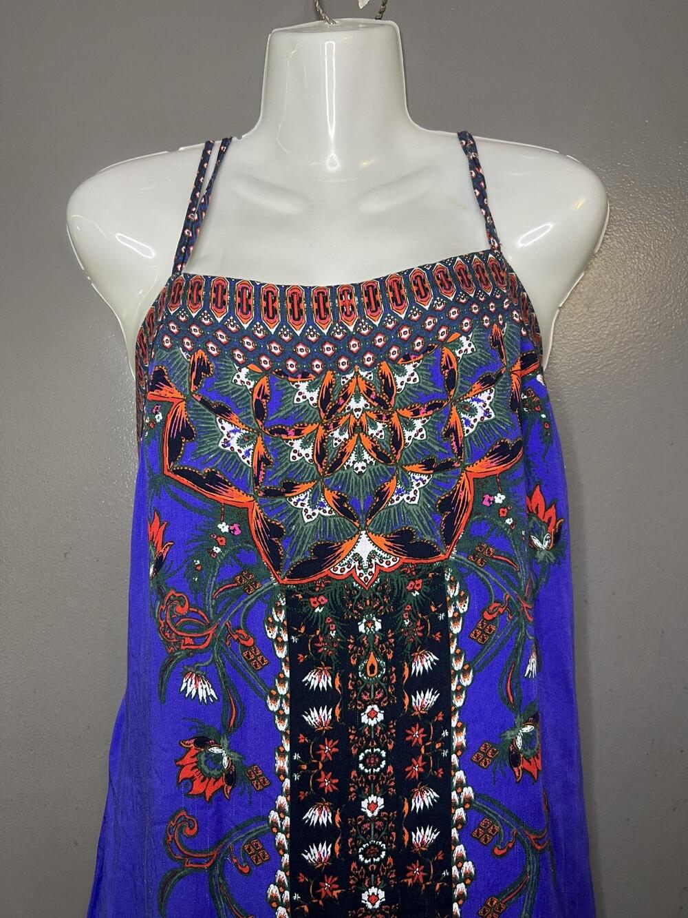 Ecote Dress Womens Large Blue Floral Criss Cross Back Slip Sundress Strappy Boho